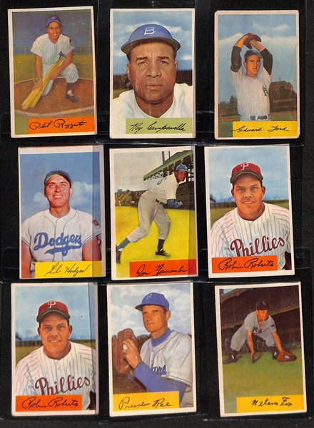 (140) 1954 Bowman Baseball Cards w. Mays (PSA 3), Berra (PSA 3), Reese (SGC 4), Slaughter (SGC 3), Schoendienst (SGC 4.5), Rizzuto, Campanella, Ford, Hodges, Newcombe, (2) Roberts, +