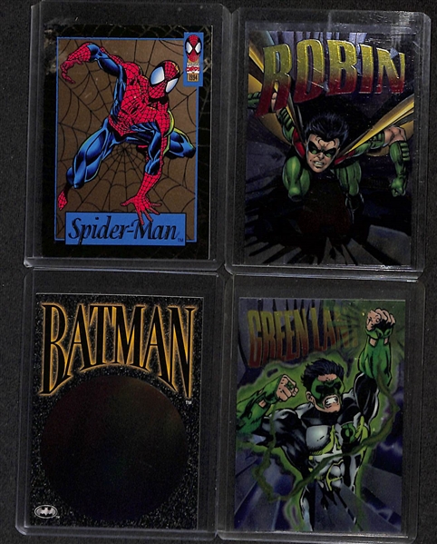 Lot of (12) Fleer Marvel and DC Comics Cards w. Spider-Man, Robin, Batman, and more.