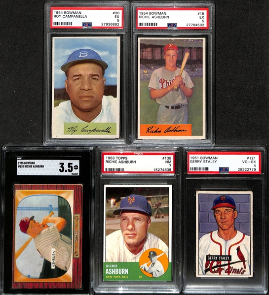 Graded Lot - 1954 Bowman Campanella (PSA 5) & Ashburn (PSA 5), 1955 Bowman Ashburn (SGC 3.5), 1963 Topps Ashburn (PSA 7), 1951 Bowman Staley (PSA 4)