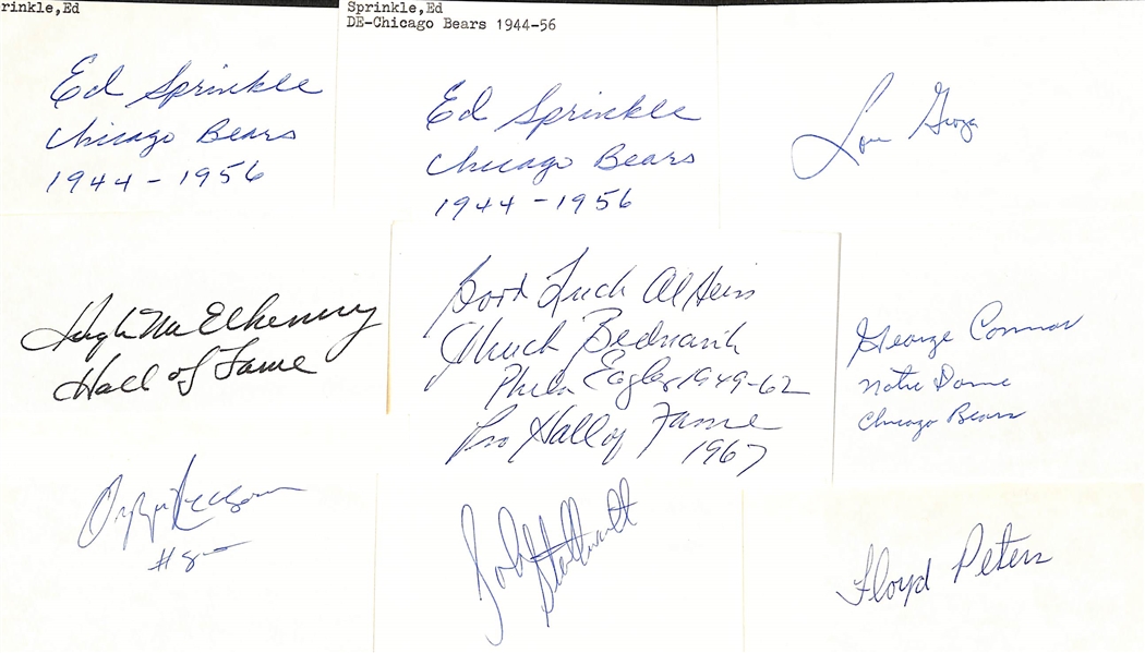 Lot of (50+) Signed Mostly Football  Index Cards inc. (2) Ed Sprinkle, Lou Groza, Hugh McElhenny, Chuck Bednarik, Dante Lavelli, + (JSA Auction Letter) 