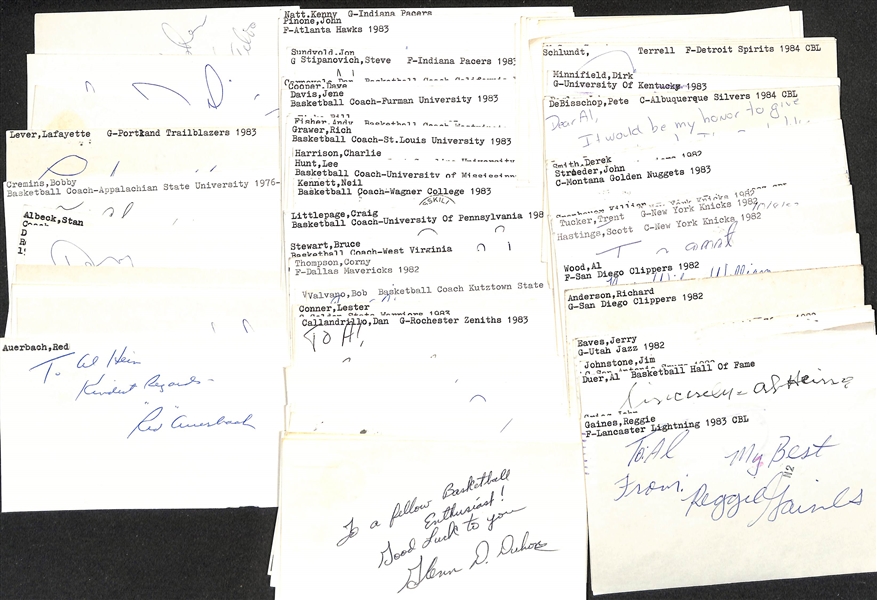 Lot of (50+) Signed Mostly Basketball Index Cards inc. Red Auerbach, Nate Archibald, Campy Russell, Tom McMillan, + (JSA Auction Letter)