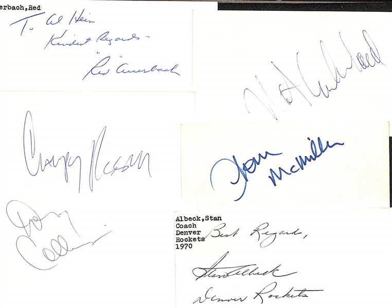 Lot of (50+) Signed Mostly Basketball Index Cards inc. Red Auerbach, Nate Archibald, Campy Russell, Tom McMillan, + (JSA Auction Letter)