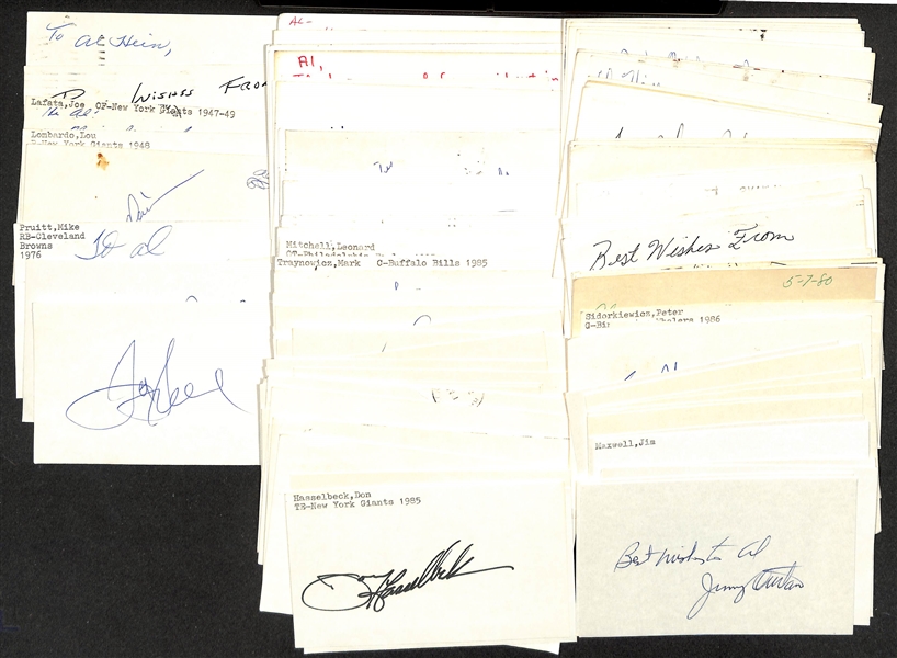 Lot of (100+) Signed Mostly Football Index Cards inc. Joe Greene, Don Reeves, Jethro Pugh, Mike Pruitt, Bud Wilkinson, Lou Lombardo, + (JSA Auction Letter)