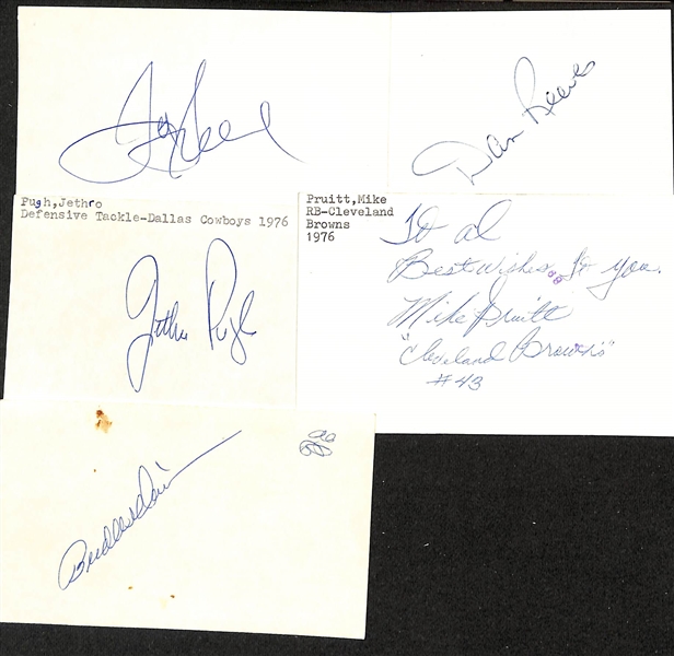 Lot of (100+) Signed Mostly Football Index Cards inc. Joe Greene, Don Reeves, Jethro Pugh, Mike Pruitt, Bud Wilkinson, Lou Lombardo, + (JSA Auction Letter)