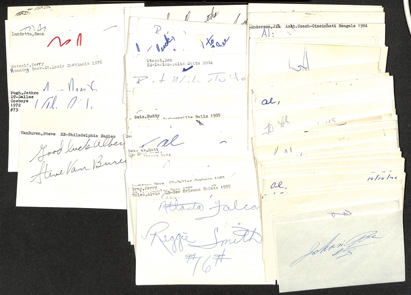 Lot of (100+) Signed Mostly Football Index Cards inc. Steve VanBuren, Craig Morton, Jethro Pugh, + (JSA Auction Letter)