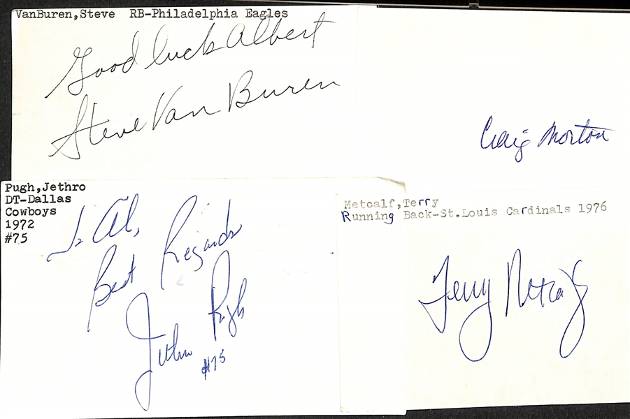 Lot of (100+) Signed Mostly Football Index Cards inc. Steve VanBuren, Craig Morton, Jethro Pugh, + (JSA Auction Letter)