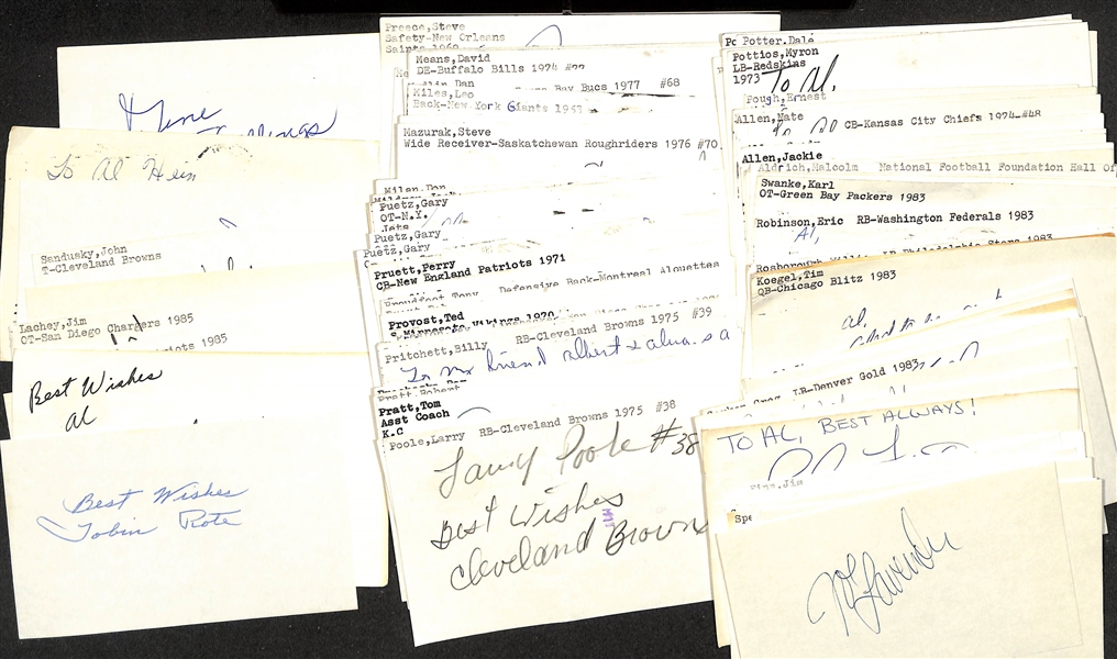 Lot of (50+) Signed Mostly Football Signed Index Cards inc. Tobin Rote, Kellen Winslow, Dan Hampton, Steve Grogan, Hank Strom, + (JSA Auction Letter)