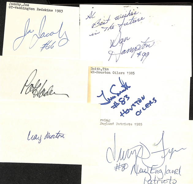 Lot of (75+) Signed Mostly Football Signed Index Cards inc. Joe Jacoby, Dan Hampton, Pat Haden, Tim Smith, + (JSA Auction Letter)