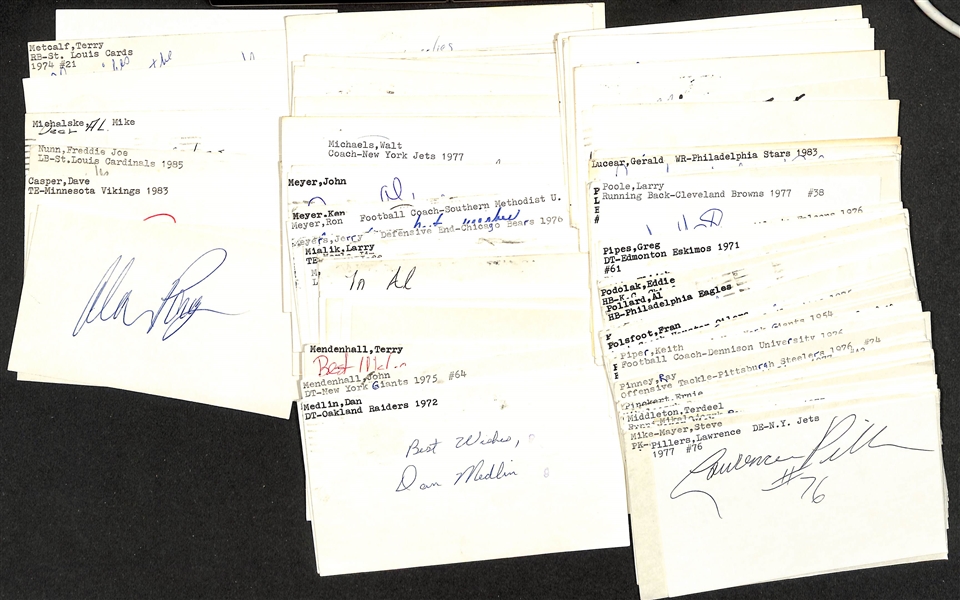 Lot of (75+) Signed Mostly Baseball and Football Index Cards inc. Alan Page, Buddy Ryan, Dave Casper, Freddie Joe Nunn, Mike Michalske, + (JSA Auction Letter)