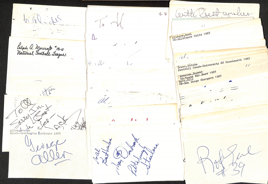 Lot of (100+) Signed Mostly Football Index Cards inc. George Allen, Jack Fleming, Joe Walton, + (JSA Auction Letter) 