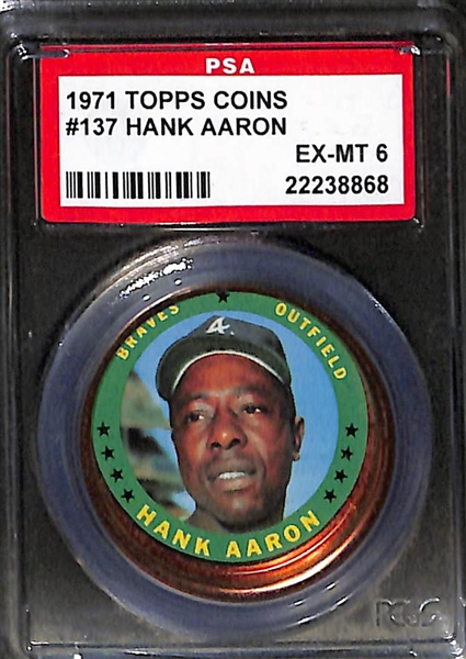 1964 Topps Coins Mickey Mantle #131 Left-Handed (PSA 6), & 1971 Topps Coins Hank Aaron #137 (PSA 6)