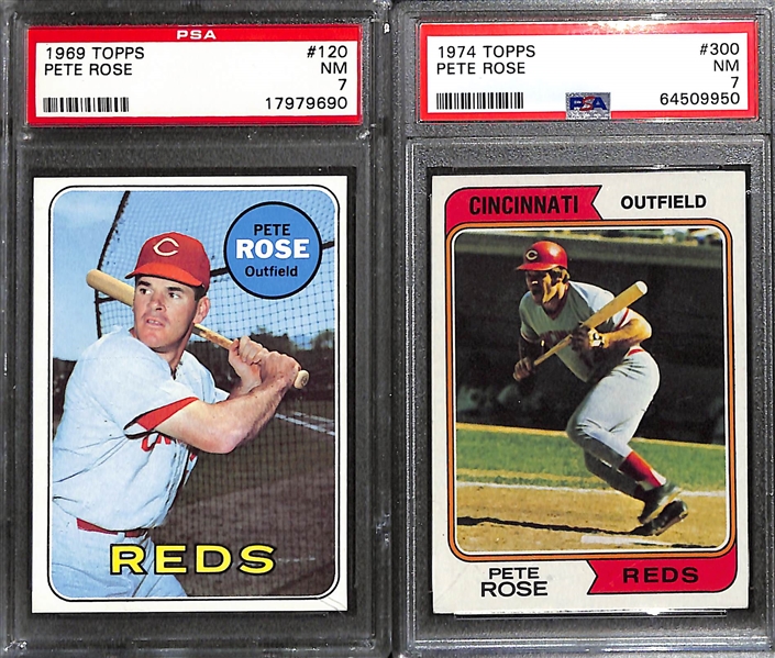 (6) Pete Rose Topps Graded Cards - 1969 #120 (PSA 7), 1974 #300 (PSA 7), 1979 #650 (PSA 9OC), 1978 #20 (PSA 7), 1981 #205 (BGS 8), 1982 Topps #781 (BGS 8)