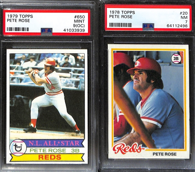 (6) Pete Rose Topps Graded Cards - 1969 #120 (PSA 7), 1974 #300 (PSA 7), 1979 #650 (PSA 9OC), 1978 #20 (PSA 7), 1981 #205 (BGS 8), 1982 Topps #781 (BGS 8)