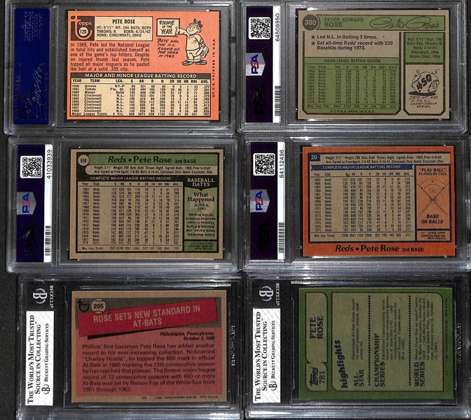 (6) Pete Rose Topps Graded Cards - 1969 #120 (PSA 7), 1974 #300 (PSA 7), 1979 #650 (PSA 9OC), 1978 #20 (PSA 7), 1981 #205 (BGS 8), 1982 Topps #781 (BGS 8)