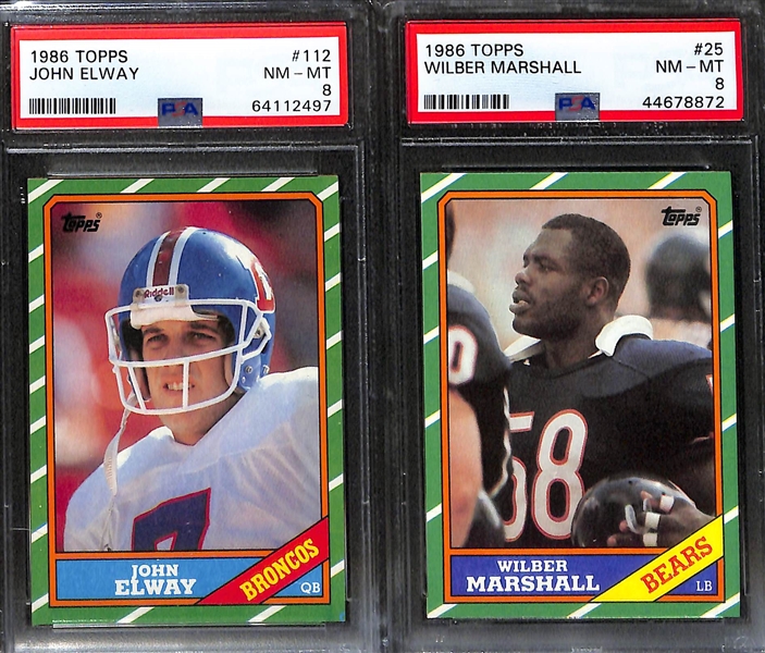 (6) Graded Football Cards w. 1986 Topps Jerry Rice Rookie (BGS 8), Steve Young (PSA 7), John Elway (PSA 8), Wilbur Marshall (PSA 8).  Also Includes 2023 Donruss CJ Stroud (PSA 9) & 2020 Spectra Tom...