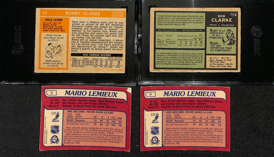 Hockey Card Lot - (2) Graded Bobby Clarke Cards (2nd and 3rd Year OPC) & (2) 1985-86 OPC Mario Lemieux Authentic Rookie Cards (Both Sealed in Permanent Plastic Contact Paper - So Unable to Grade)