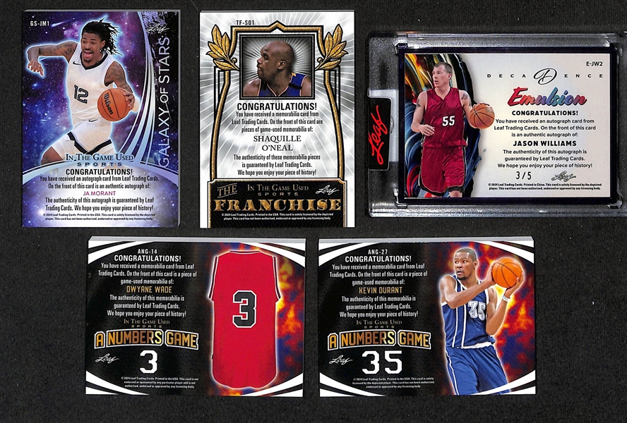 Lot of (5) 2024 Leaf Basketball Cards Including Ja Morant In the Game Used Galaxy of Stars Autograph #/30, Shaquille O'Neal In The Game Used Franchise Patch #2/3, & Jason Williams Decadence...