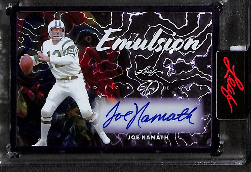 Lot of (5) 2024 Leaf Football Cards Including Joe Namath Decadence Emulsion Autograph #2/5 + more. 