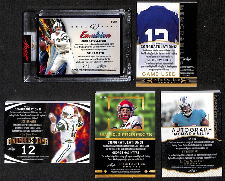 Lot of (5) 2024 Leaf Football Cards Including Joe Namath Decadence Emulsion Autograph #2/5 + more. 