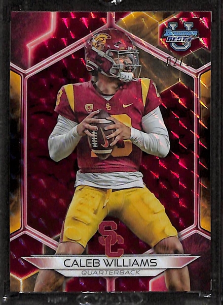 Lot of (13) 2023 Bowman's Best Football Cards w. Caleb Williams Red Geometric Refractor #2/10 & Shedeur Sanders Travis Hunter Mirror Image Fusion Die-Cut  + many more