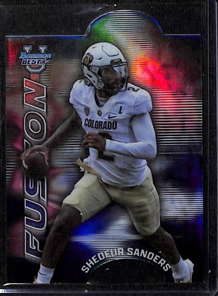 Lot of (13) 2023 Bowman's Best Football Cards w. Caleb Williams Red Geometric Refractor #2/10 & Shedeur Sanders Travis Hunter Mirror Image Fusion Die-Cut  + many more