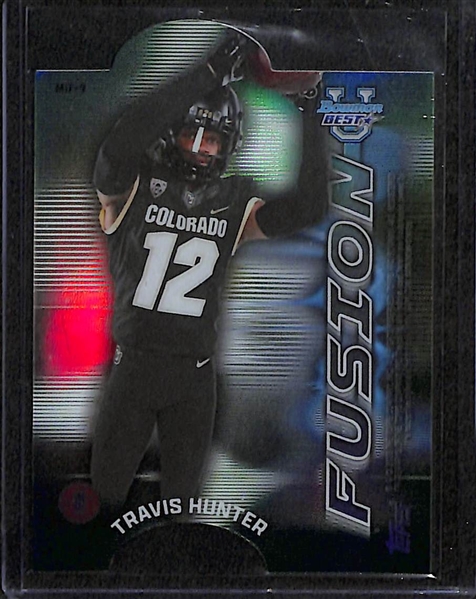 Lot of (13) 2023 Bowman's Best Football Cards w. Caleb Williams Red Geometric Refractor #2/10 & Shedeur Sanders Travis Hunter Mirror Image Fusion Die-Cut  + many more