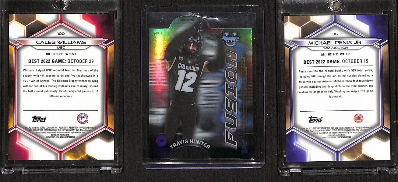 Lot of (13) 2023 Bowman's Best Football Cards w. Caleb Williams Red Geometric Refractor #2/10 & Shedeur Sanders Travis Hunter Mirror Image Fusion Die-Cut  + many more