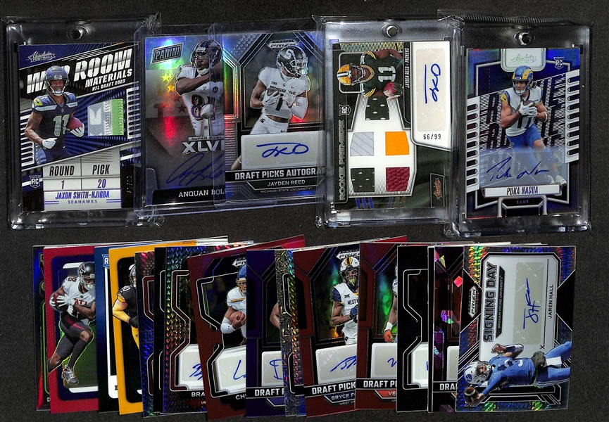 Lot of (23) Modern Football Cards W. Puka Nacua Absolute Rookie Autograph /199, Jayden Reed Rookie Premiere Autograph /99, Jayden Reed Silver Prizm Draft Picks Autograph, and Anquan Boldin Silver...
