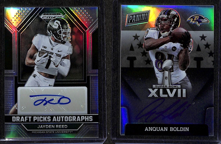 Lot of (23) Modern Football Cards W. Puka Nacua Absolute Rookie Autograph /199, Jayden Reed Rookie Premiere Autograph /99, Jayden Reed Silver Prizm Draft Picks Autograph, and Anquan Boldin Silver...