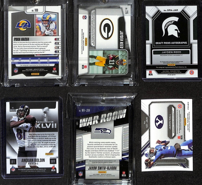 Lot of (23) Modern Football Cards W. Puka Nacua Absolute Rookie Autograph /199, Jayden Reed Rookie Premiere Autograph /99, Jayden Reed Silver Prizm Draft Picks Autograph, and Anquan Boldin Silver...