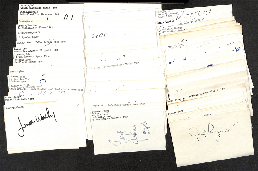 Lot of (100+) Signed Mostly Basketball-Related Index Cards inc. James Worthy, Bill Walton, Michael Couper, Jerry Sloan, Billy Knight, +. (JSA Auction Letter)