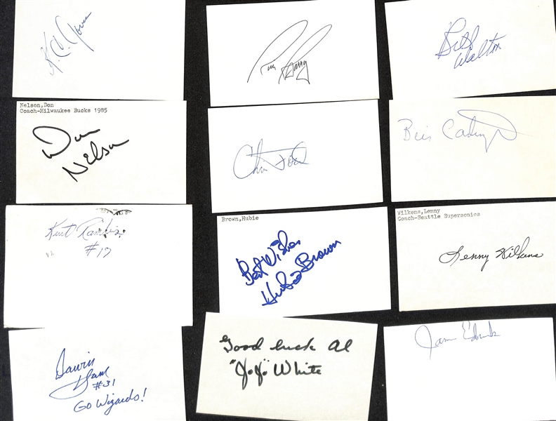 Lot of (125+) Signed Mostly Basketball-Related Index Cards inc. KC Jones, Rick Barry, Bill Walton, Don Nelson, Chris Ford, Bill Cartwright, + (JSA Auction Letter) 