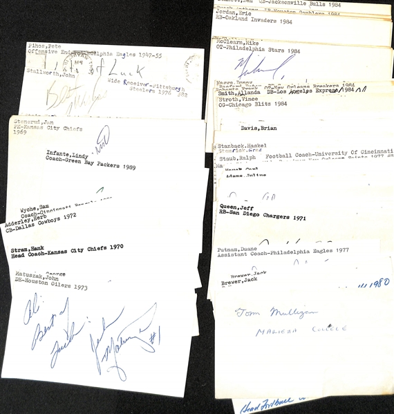 Lot of (40+) Signed Mostly Football Index Cards inc. John Matuszak, George McAfee, Hank Stram, Herb Adderley, Sam Wyche, + (JSA Auction Letter)