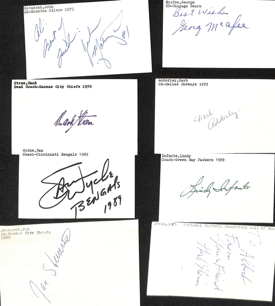 Lot of (40+) Signed Mostly Football Index Cards inc. John Matuszak, George McAfee, Hank Stram, Herb Adderley, Sam Wyche, + (JSA Auction Letter)