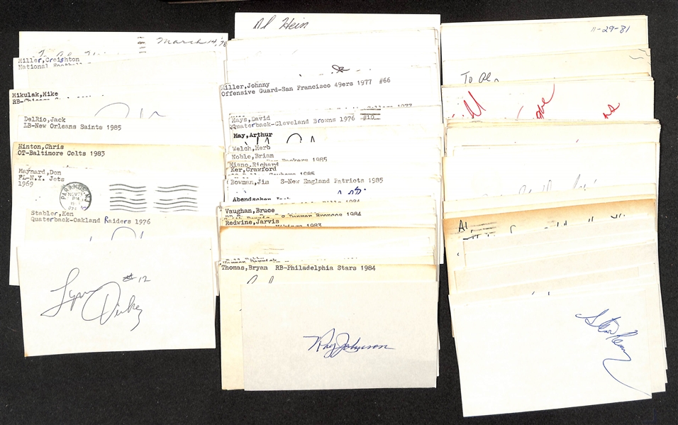 Lot of (50+) Signed Mostly Football Index Cards inc. Lynn Dickey, Ken Stabler, Don Maynard, Chris Hinton, Ray May, + (JSA Auction Letter)