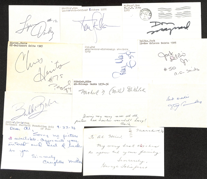 Lot of (50+) Signed Mostly Football Index Cards inc. Lynn Dickey, Ken Stabler, Don Maynard, Chris Hinton, Ray May, + (JSA Auction Letter)
