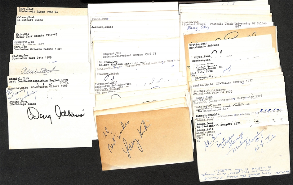 Lot of (50+) Signed Mostly Football Index Cards inc. Doak Walker, Yale Lary, Mike Singletary, Mel Hein, + (JSA Auction Letter)