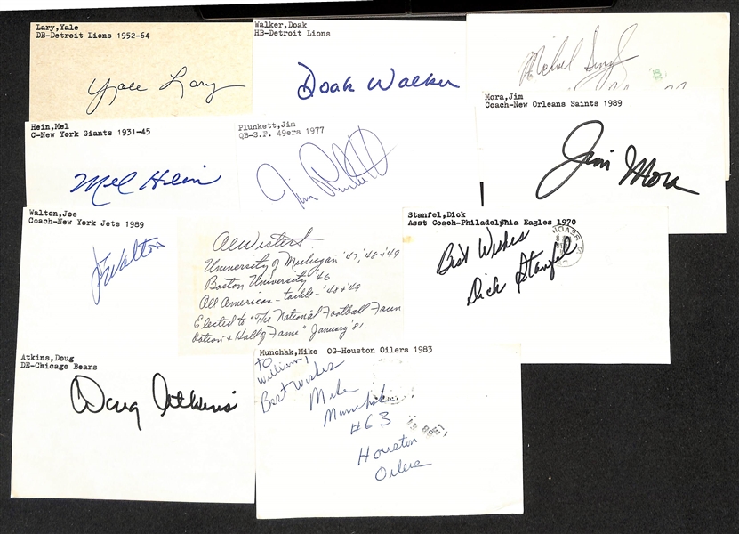 Lot of (50+) Signed Mostly Football Index Cards inc. Doak Walker, Yale Lary, Mike Singletary, Mel Hein, + (JSA Auction Letter)