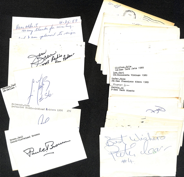 Lot of (30+) Signed Mostly Football Index Cards inc. Paul Brown, George Young, John Matuszak, Lawrence Taylor, + (JSA Auction Letter)