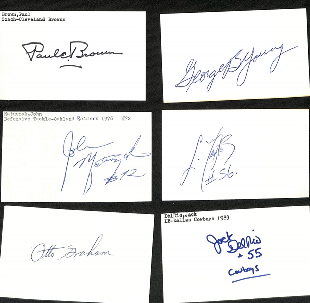 Lot of (30+) Signed Mostly Football Index Cards inc. Paul Brown, George Young, John Matuszak, Lawrence Taylor, + (JSA Auction Letter)