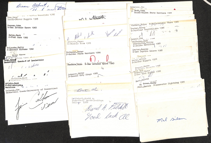 Lot of (75+) Signed Mostly Basketball Index Cards inc.  Jim Calhoun, Paul Arizin, Dan Issel, Rick Carlisle, + (JSA Auction Letter)
