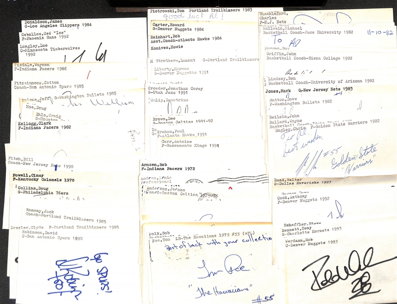 Lot of (50+) Signed Mostly Basketball Index Cards inc. David Robinson, Clyde Drexler, Jack Ramsey, Charles Daley, Doug Collins, + (JSA Auction Letter)