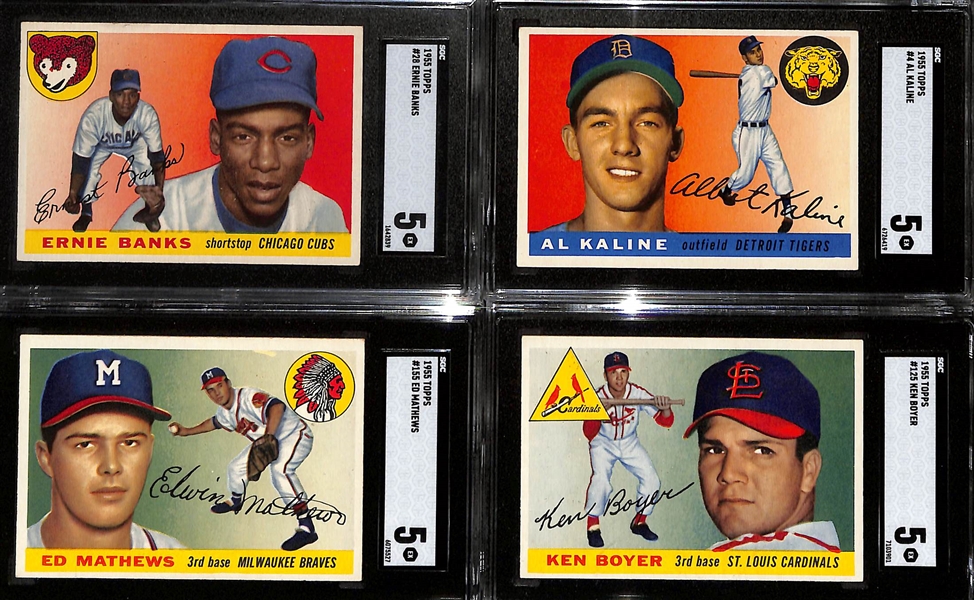 (110+) 1955 Topps Baseball Card Lot w. 8 Graded SGC 5 (Banks, Kaline, Mathews, Boyer, Zimmer, Kluszewski, Agganis, Amoros) 