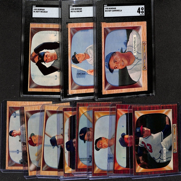 Lot of (11) 1955 Bowman Cards w. Roy Campanella SGC 4 & Al Kaline SGC 4 