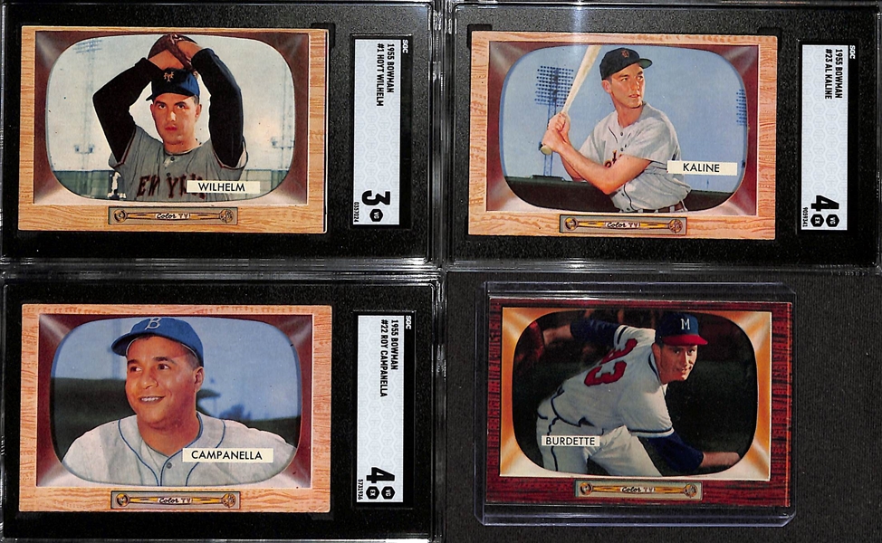 Lot of (11) 1955 Bowman Cards w. Roy Campanella SGC 4 & Al Kaline SGC 4 