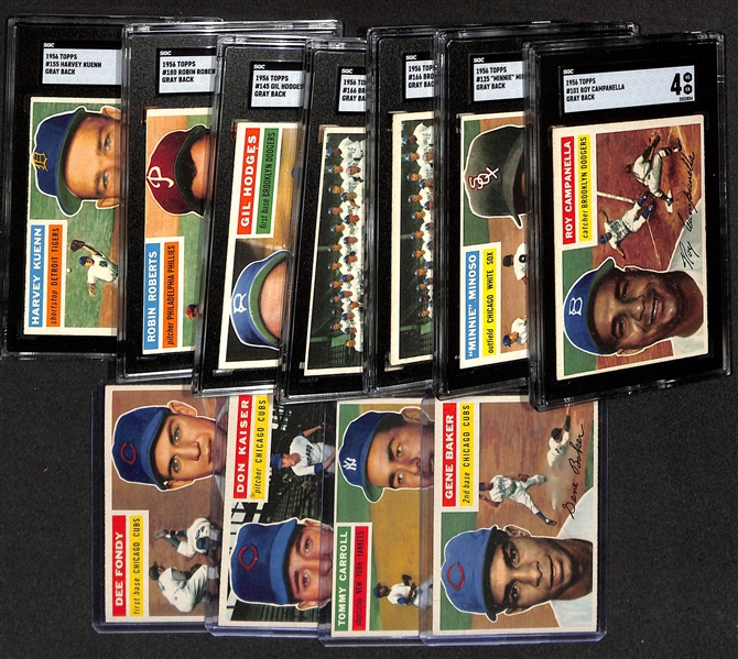 Lot of (11) 1956 Topps Baseball Cards w. Roy Campanella SGC 4