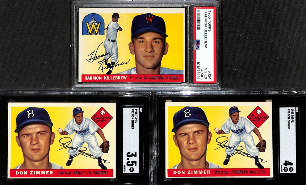 Lot of (3) 1955 Graded Baseball Cards w. Topps Killebrew RC PSA 4 & (10) 1953 Who-Z-At Star Cards w. Red Skelton 