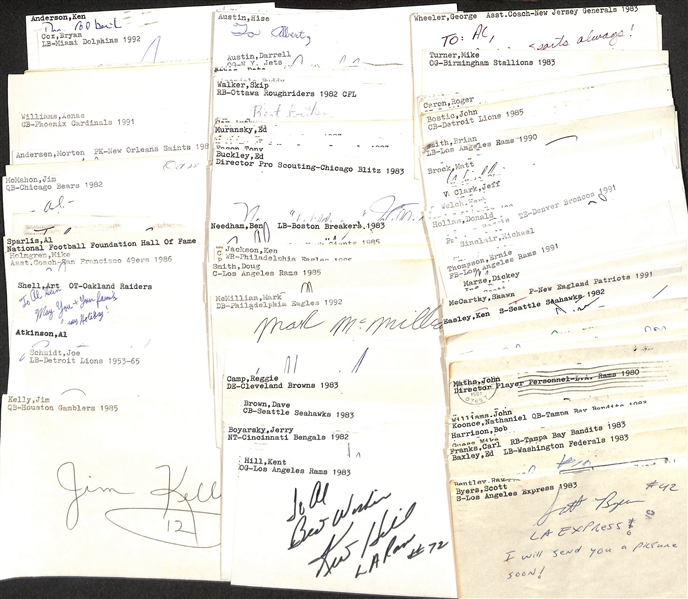 Lot of (150+) Signed Mostly Football Index Cards inc. Jim Kelly, Joe Schmidt, Al Atkinson, Art Shell, + (JSA Auction Letter)