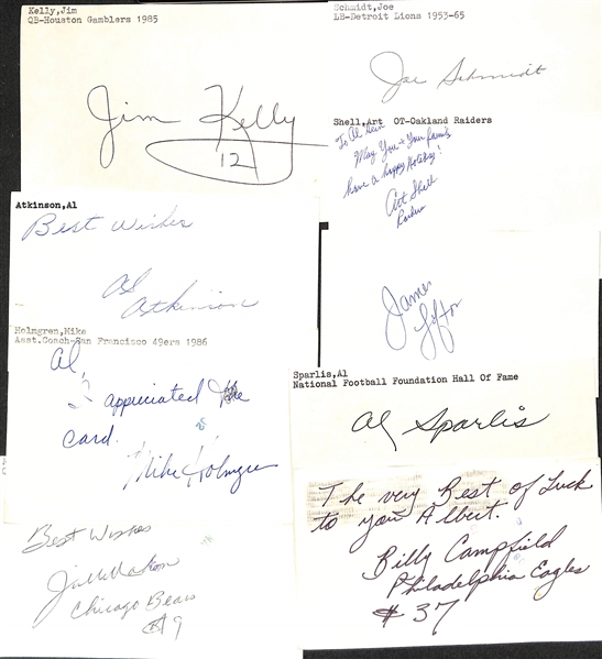 Lot of (150+) Signed Mostly Football Index Cards inc. Jim Kelly, Joe Schmidt, Al Atkinson, Art Shell, + (JSA Auction Letter)
