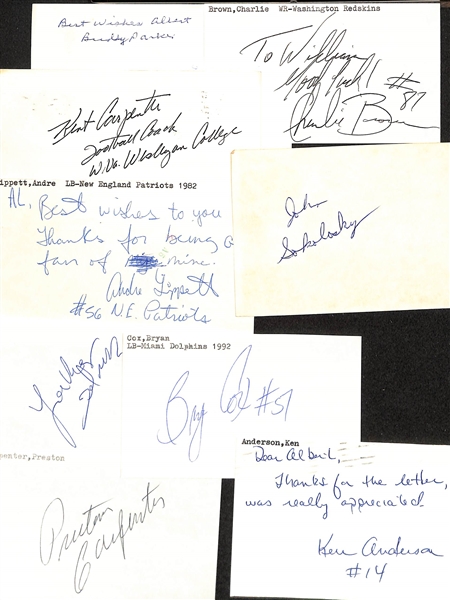 Lot of (150+) Signed Mostly Football Index Cards inc. Jim Kelly, Joe Schmidt, Al Atkinson, Art Shell, + (JSA Auction Letter)